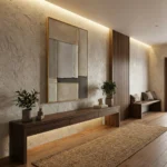 Minimalist abstract hand-painted canvas in layered neutral tones and soft grays, contemporary entryway setting