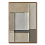 Abstract relief painting of unevenly stacked taupe, beige and grey rectangular panels, natural wood frame