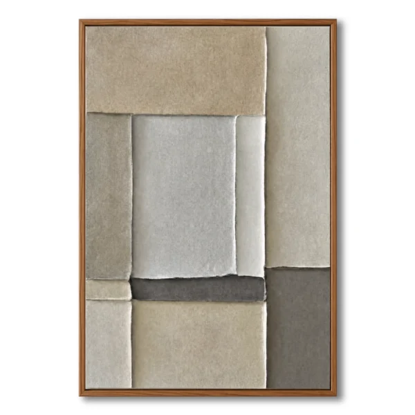 Abstract relief painting of unevenly stacked taupe, beige and grey rectangular panels, natural wood frame
