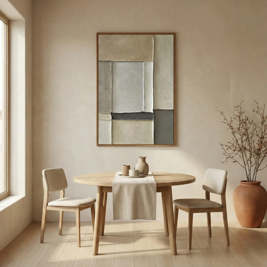 Minimalist abstract hand-painted canvas in layered cream and charcoal tones with geometric forms, contemporary dining space