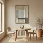 Minimalist abstract hand-painted canvas in layered cream and charcoal tones with geometric forms, contemporary dining space