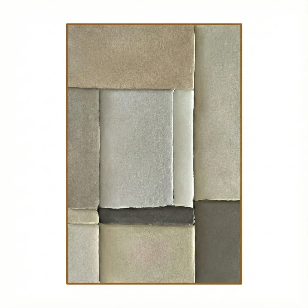 Minimalist hand-painted canvas with layered rectangular forms in cream, beige, and charcoal tones, contemporary living space