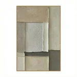 Minimalist hand-painted canvas with layered rectangular forms in cream, beige, and charcoal tones, contemporary living space