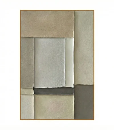Minimalist hand-painted canvas with layered rectangular forms in cream, beige, and charcoal tones, contemporary living space