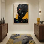 Contemporary expressionist portrait hand-painted canvas in bold blacks, yellows and coral tones, modern entryway