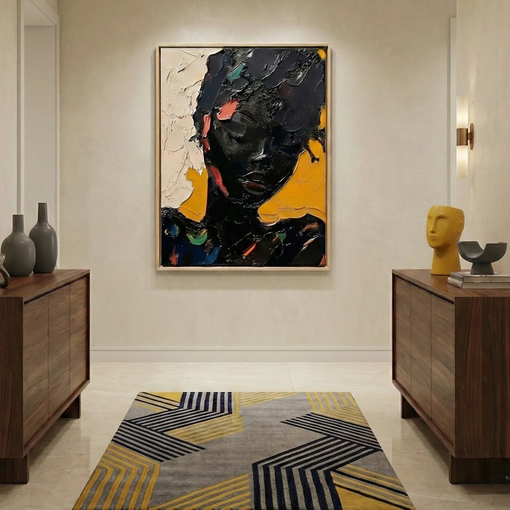 Ebony Gold Impasto Textured dark portrait painting color wall art (2) Contemporary expressionist portrait hand-painted canvas in bold blacks, yellows and coral tones, modern entryway