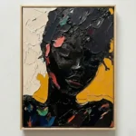 Gestural expressionist hand-painted canvas depicting a darkly textured portrait with vibrant coral, ochre, and emerald accents against black and cream tones