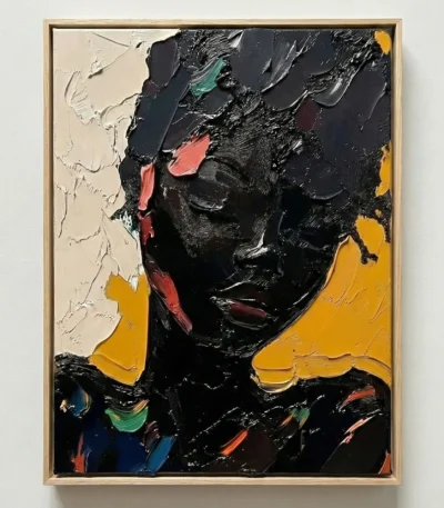 Gestural expressionist hand-painted canvas depicting a darkly textured portrait with vibrant coral, ochre, and emerald accents against black and cream tones