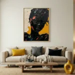 Gestural expressionist hand-painted canvas depicting a stylized portrait in black, coral, and golden yellow tones, contemporary living space