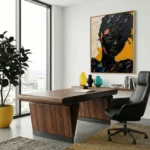 Gestural abstract expressionist hand-painted canvas with bold black, yellow, and coral brushstrokes, modern office setting