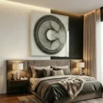 Textured abstract hand-painted canvas with concentric circular lines in monochrome charcoal tones, modern bedroom