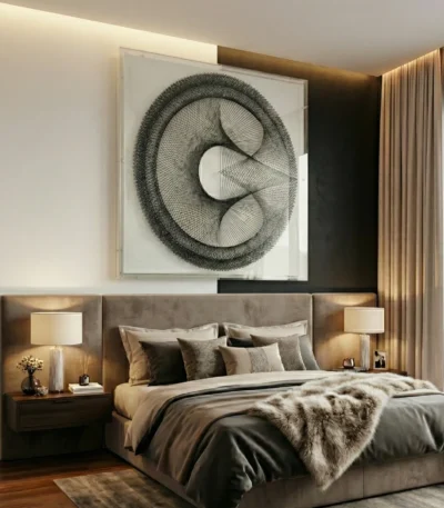 Textured abstract hand-painted canvas with concentric circular lines in monochrome charcoal tones, modern bedroom