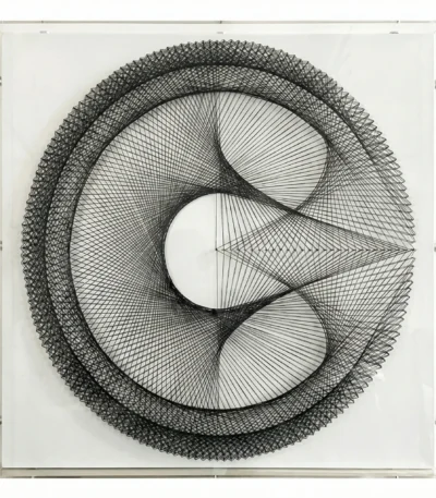 Minimalist hand-painted canvas featuring concentric geometric circles with intricate linear patterns in monochrome black ink