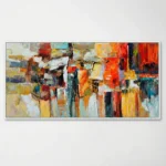 Abstract expressionist hand-painted canvas with bold gestural brushstrokes in warm reds, oranges, yellows and cool teals