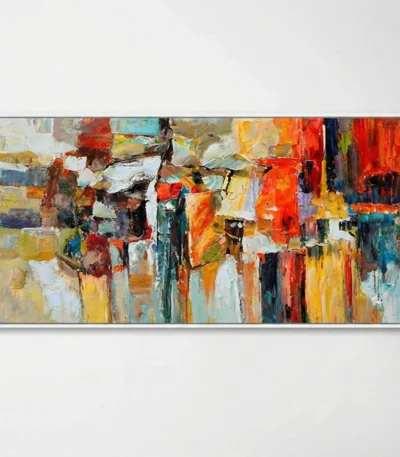 Abstract expressionist hand-painted canvas with bold gestural brushstrokes in warm reds, oranges, yellows and cool teals