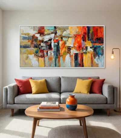 Gestural abstract expressionist hand-painted canvas in vibrant reds, oranges, and golds with dynamic layered brushstrokes, contemporary living space