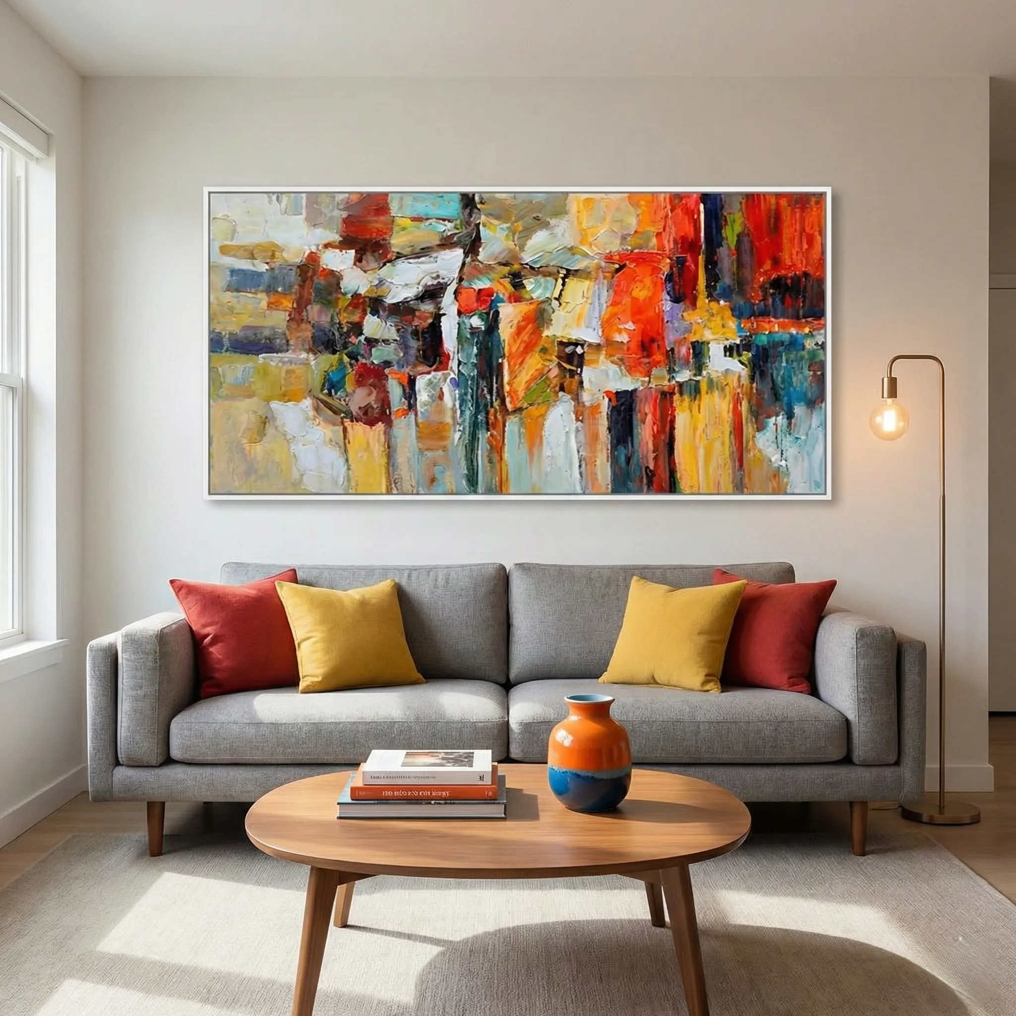 Ember Tides Heavily textured colorful impasto art Textured wall art (2) Gestural abstract expressionist hand-painted canvas in vibrant reds, oranges, and golds with dynamic layered brushstrokes, contemporary living space