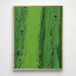 Textured hand-painted canvas depicting rock climbers scaling a verdant cliff face in vibrant lime green tones