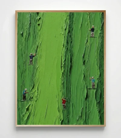 Textured hand-painted canvas depicting rock climbers scaling a verdant cliff face in vibrant lime green tones