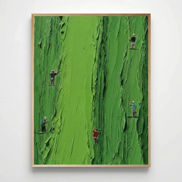 Textured hand-painted canvas depicting rock climbers scaling a verdant cliff face in vibrant lime green tones