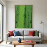 Contemporary hand-painted canvas depicting rock climbers on vibrant lime green cliff face, modern living space