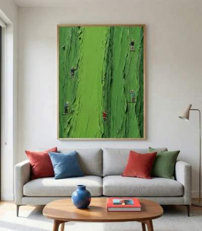 Contemporary hand-painted canvas depicting rock climbers on vibrant lime green cliff face, modern living space