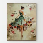 Gestural figurative hand-painted canvas of a woman in a colorful floral dress surrounded by roses, soft neutral palette with vibrant accents