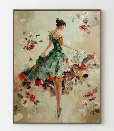 Gestural figurative hand-painted canvas of a woman in a colorful floral dress surrounded by roses, soft neutral palette with vibrant accents