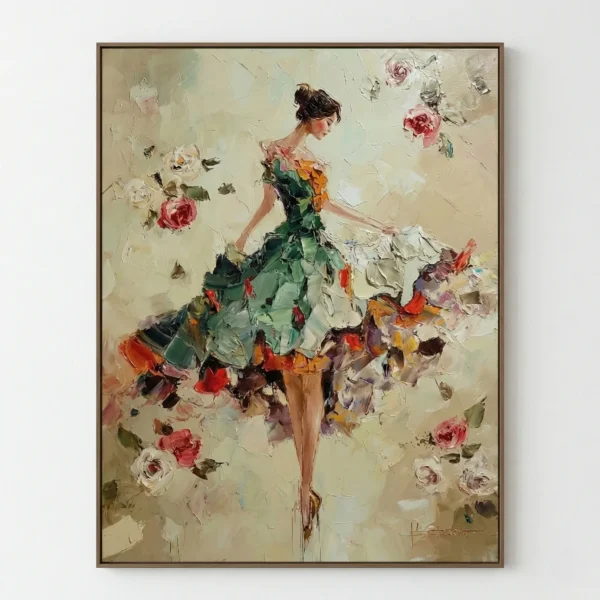 Gestural figurative hand-painted canvas of a woman in a colorful floral dress surrounded by roses, soft neutral palette with vibrant accents