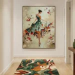 Painterly figurative canvas depicting an elegant woman in a green and orange dress surrounded by floating roses in soft cream and coral tones, modern hallway