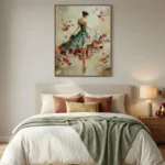 Impressionist hand-painted canvas depicting elegant woman in floral dress surrounded by blooming roses in soft neutrals and jewel tones, modern bedroom setting