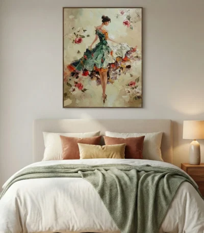Impressionist hand-painted canvas depicting elegant woman in floral dress surrounded by blooming roses in soft neutrals and jewel tones, modern bedroom setting