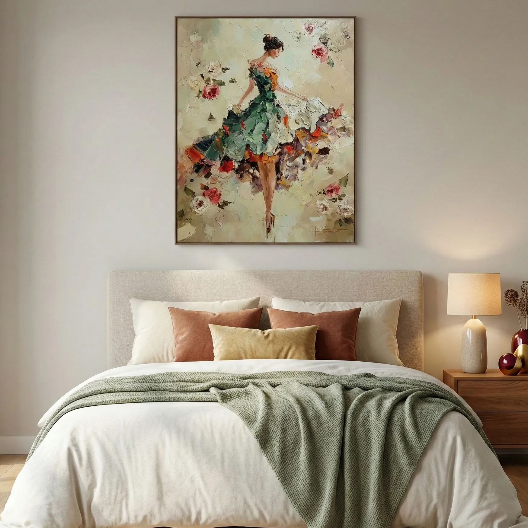 Emerald Blossom Dance Textured oil painting of woman and roses Textured art wall decor (3) Impressionist hand-painted canvas depicting elegant woman in floral dress surrounded by blooming roses in soft neutrals and jewel tones, modern bedroom setting