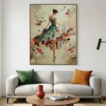 Gestural figurative hand-painted canvas of a woman in a flowing green dress surrounded by blooming roses in soft cream and coral tones, contemporary living space