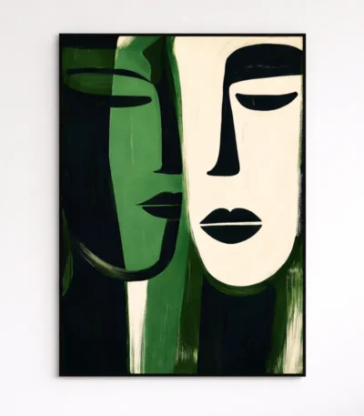 Minimalist hand-painted canvas featuring two stylized faces in cream and deep green with bold black features and brushstroke hair details