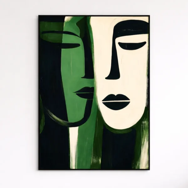 Minimalist hand-painted canvas featuring two stylized faces in cream and deep green with bold black features and brushstroke hair details