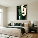 Contemporary figurative hand-painted canvas featuring abstracted faces in cream and forest green tones, modern bedroom