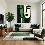 Contemporary figurative hand-painted canvas featuring stylized faces in deep green and cream tones, modern living space