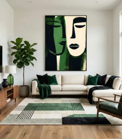 Contemporary figurative hand-painted canvas featuring stylized faces in deep green and cream tones, modern living space