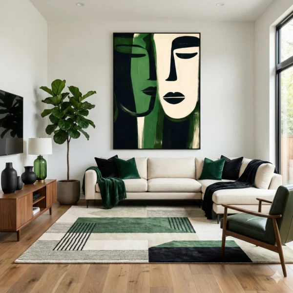 Contemporary figurative hand-painted canvas featuring stylized faces in deep green and cream tones, modern living space