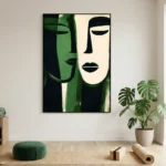 Contemporary hand-painted canvas depicting two stylized faces in cream and deep green tones, modern interior