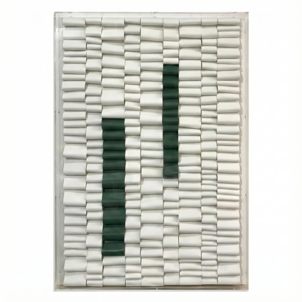 Minimalist hand-painted canvas with geometric cylinder pattern in cream and forest green, contemporary living space