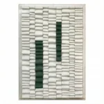 Minimalist hand-painted canvas with geometric cylinder pattern in cream and forest green, contemporary living space