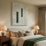 Textured abstract hand-painted canvas with geometric green and cream blocks, contemporary bedroom setting