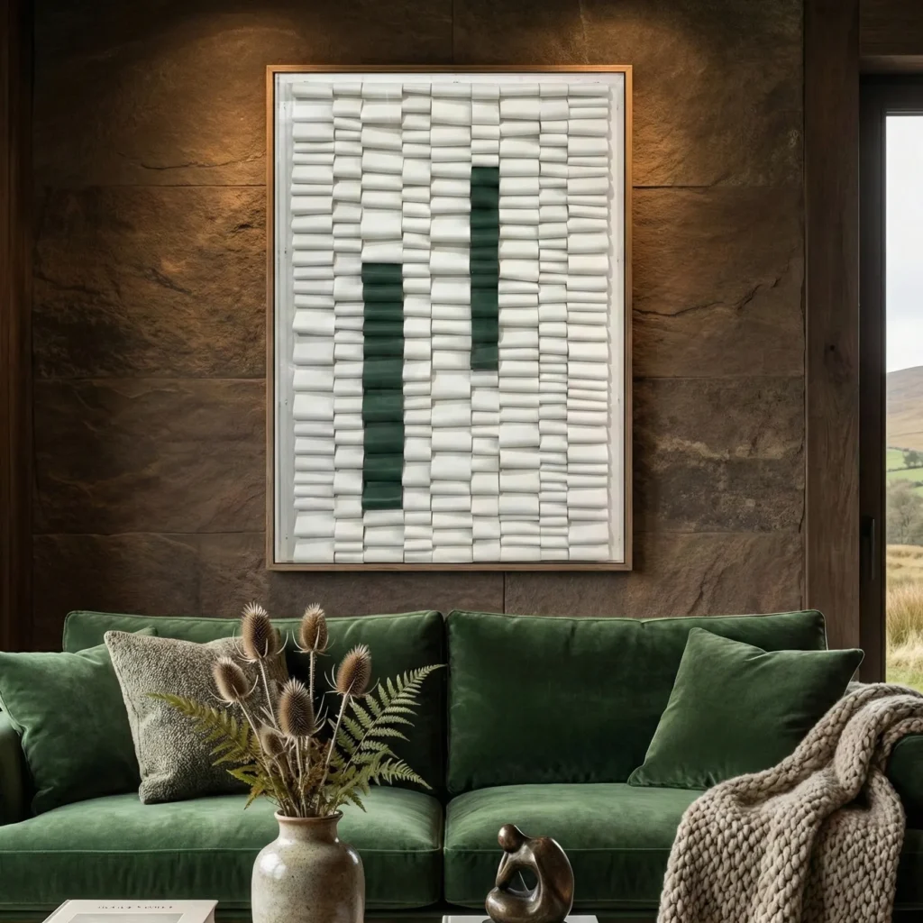 Minimalist hand-painted canvas featuring geometric green and cream striped pattern, contemporary living space