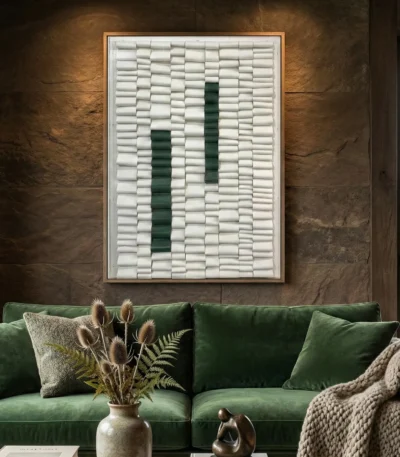 Minimalist hand-painted canvas featuring geometric green and cream striped pattern, contemporary living space