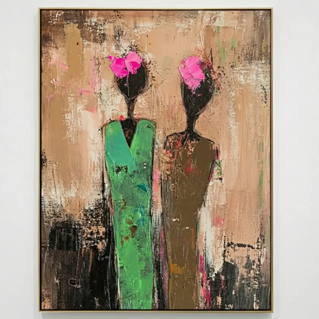 Contemporary hand-painted canvas featuring abstract figures with magenta blooms and textured neutral tones, modern interior