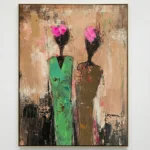 Contemporary hand-painted canvas featuring abstract figures with magenta blooms and textured neutral tones, modern interior