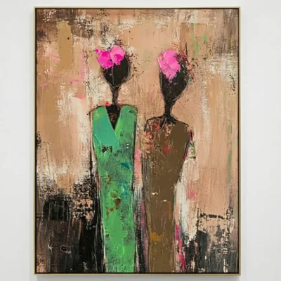 Contemporary hand-painted canvas featuring abstract figures with magenta blooms and textured neutral tones, modern interior
