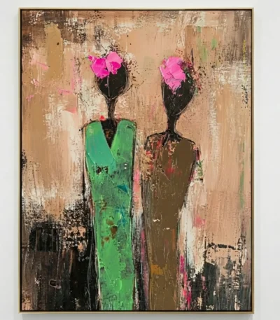Contemporary hand-painted canvas featuring abstract figures with magenta blooms and textured neutral tones, modern interior